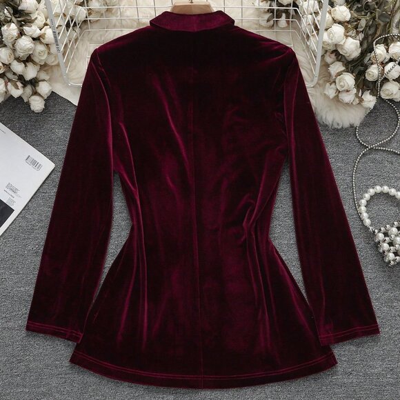Burgundy Elegant Women's Velvet Jacket - Picture 2 of 6